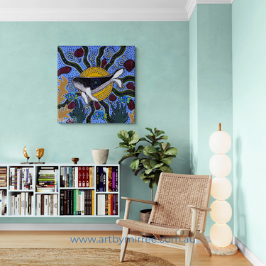 HUMPBACK WHALE & EASTERN BLUE DEVIL FISH DREAMING Framed Canvas Print by Mirree Contemporary Aboriginal Art